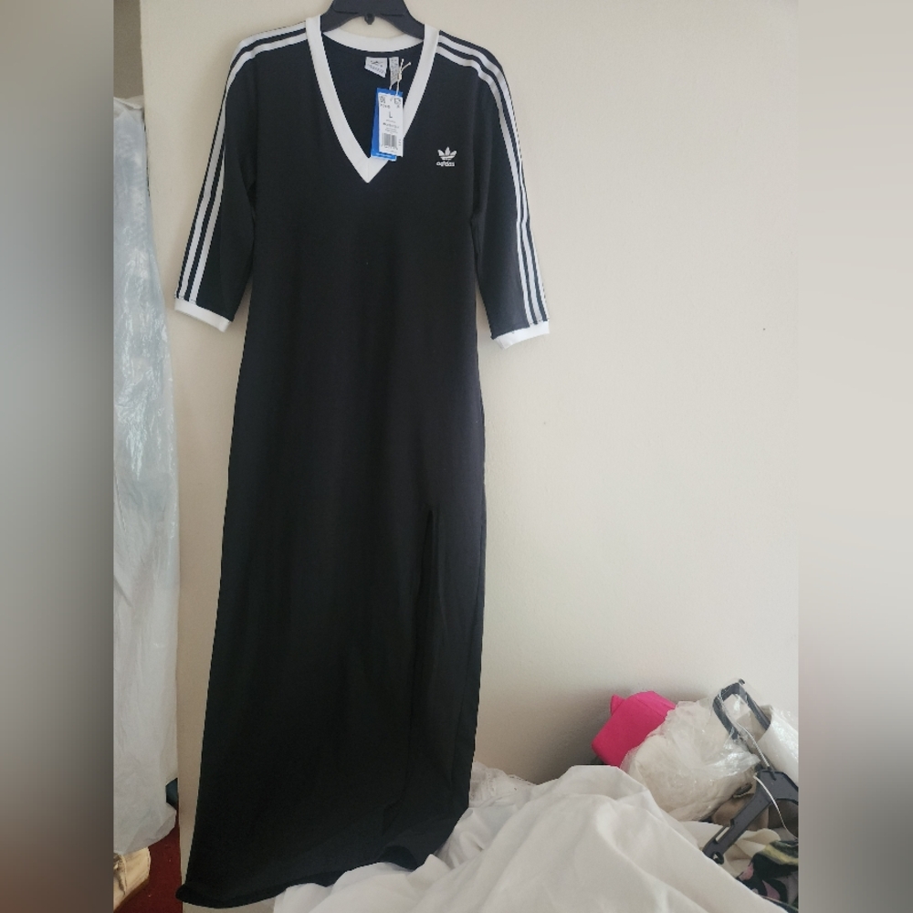 Adidas Adicolor Classics Maxi Dress black white stripes New - Picture 4 of 13